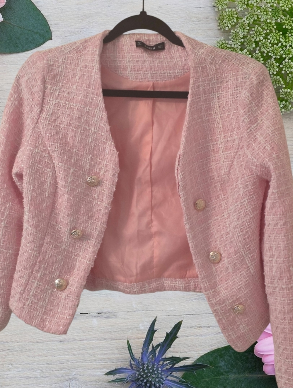 SHEIN Pink Tweed Cropped Blazer with Gold Buttons